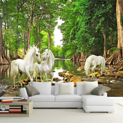 

Custom 3D Mural European Myths Unicorn In The Forest River Photo Wallpaper Living Room Sofa Backdrop Wall Paper Home Decoration
