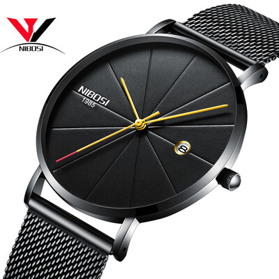 

Ultra Thin Men Quartz Wrist Watch Mesh Band Simple Fashion Leather Strap Watch NIBOSI 2018 New Brand Luxury Wristwatches Relogios