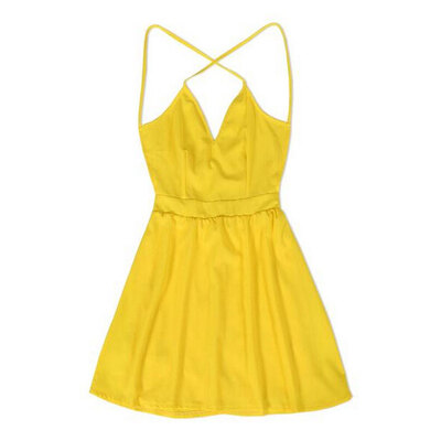 

Lovaru ™ new fashion sexy spaghetti strap V neck backless dresses trendy cute pure yellow high quality A line dresses