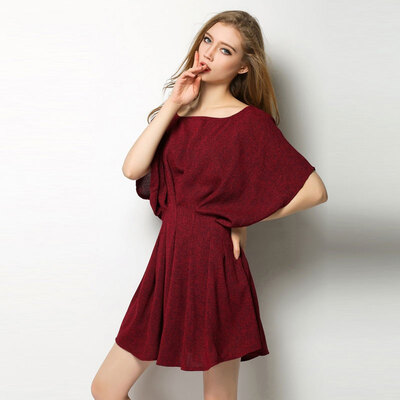 

Lovaru ™New 2015 fashion Contracted temperament bat sleeve dress Round collar pure mini dress with short sleeves
