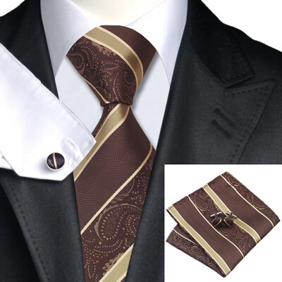 

N-0506 Vogue Men Silk Tie Set Brown Paisley Necktie Handkerchief Cufflinks Set Ties For Men Formal Wedding Business wholesale