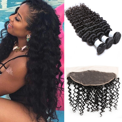 

Deep Wave Frontal With Bundles Brazilian Human Hair Bundles With Lace Frontal Closure 3+1