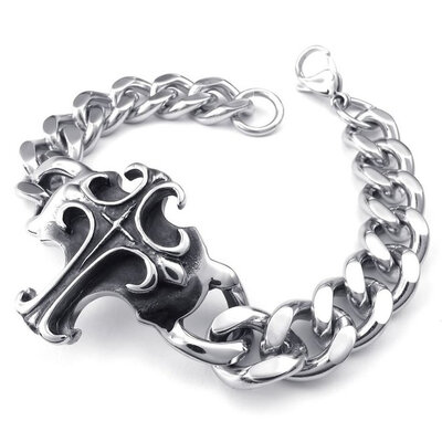 

Hpolw Mens Stainless Steel Bracelet, Vintage Cross Charm Links, Silver Black