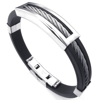

Hpolw Mens Rubber Stainless Steel Bracelet, Classic Bangle, Black Silver