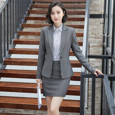 

Long Yue womens spring&autumn professional wear suit jacket shirt West skirt trousers OL work interview uniform striped long-sleeved suit professional suit LWXF181508 gray skirt
