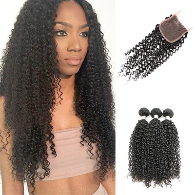 

kisshair kinky curly hair extension unprocessed Brazilian human hair weft 3 bundles with 44lace closure