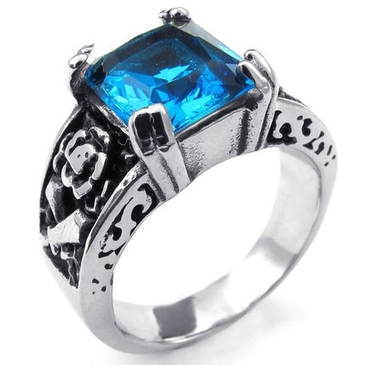 

Hpolw Mens Cubic Zirconia Stainless Steel RingCarved with sacred Fu Wen Vintage fashion Gothic royalblue crystal wedding ring