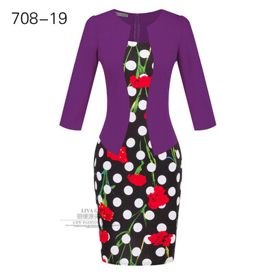 

Women Work Dress Longsleeve Spring new European station grid Pencil Skirt fake two Professional dress L13