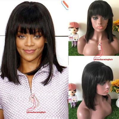 

rihanna style Silky Straight Short Bob 13x6 Кружевные передние человеческие волосы Парики с взрывами для черных женщин, предварительно выщипанных