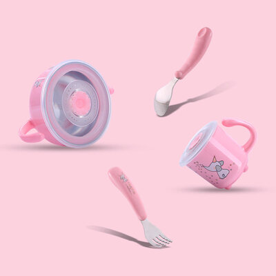 

Mambobaby childrens cutlery set stainless steel baby bowl double grip non-slip training food supplement bowl baby cutlery set of 4 pink newborn