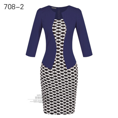 

Women Work Dress Longsleeve Spring new European station grid Pencil Skirt fake two Professional dress L13