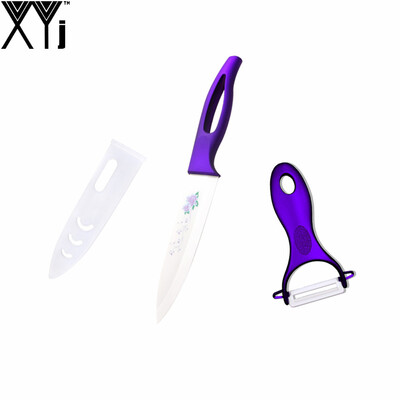 

XYJ Brand Ceramic Knife Set Pattern Blade Purple Handle 5 Inch Slicing Kitchen Knives With Peeler High Quality Cooking Tools
