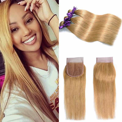

Brazilian Straight 27# Blonde Human Hair Weaves Colored Brazilian Hair 3 Bundles with Lace Closure Cheap Brazilian Virgin Hair Wit