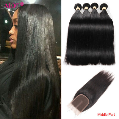 

Alot Hair 7A Peruvian Human Hair With Closure 4 Bundles Virgin Hair With 4x4 Lace Closure Unprocessed Silky Straight With Closure