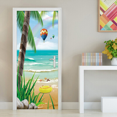 

3D Wallpaper Beach Hot Air Balloon Nature Landscape Wall Mural Home Decor PVC Self-Adhesive Waterproof Door Sticker 77cm x 200cm