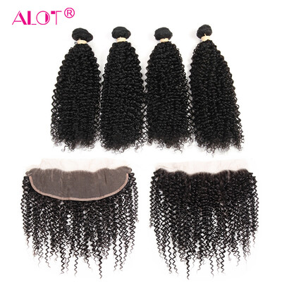 

Alot Lace Frontal Pre Plucked With Baby Hair 4 pcs Indian Kinky Curly Weave Curly With Lace Frontal Human Hair For Black Women Rem