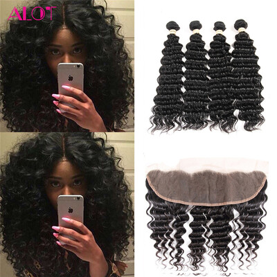 

Alot Deep Wave Bundles with Frontal Remy Indian Hair 4+1 Deep Wave 13x4 Swiss Lace Frontal Unprocessed Virgin Hair