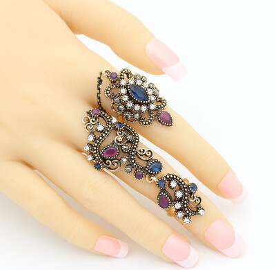 

Vintage Flower Turkish Rings Adjustable Size Women Colorful Resin Antique Gold Jewelry Link Two Fingers Ring Festival Anillos