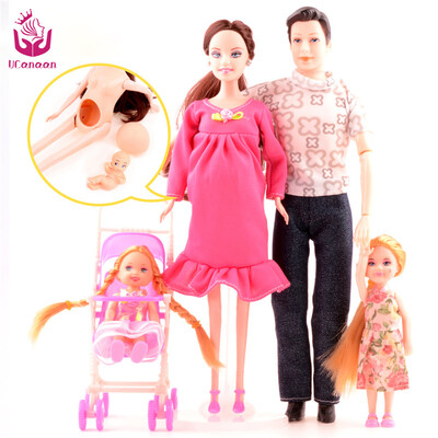 

Toys Family 5 People Dolls Suits 1 Mom /1 Dad /2 Little Kelly Girl /1 Baby Son/1 Baby Carriage Real Pregnant Doll Gifts