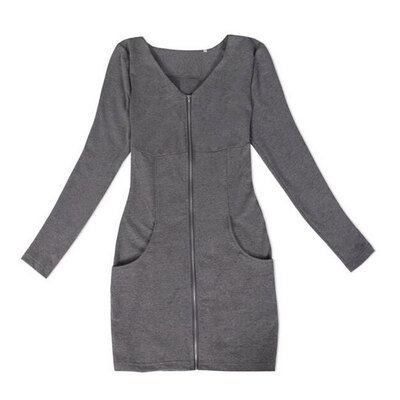 

Lovaru ™New Women Summer European Style V-Neck Casual Long Sleeve Zipper Dress Fashion Black Dark Grey Colors Dress