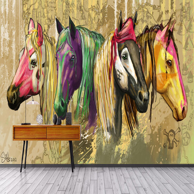 

High Quality Custom Wall Mural Wallpaper Home Decor Retro 3D Hand Painted Abstract Horse Oil Painting Wall Paper For Living Room