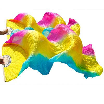 

1 Pair Dance Fans Bamboo Ribs Natural Silk Stage Performance Props Dye Fans Belly Dance Silk Fans Rose+Yellow+Turquoise stripes