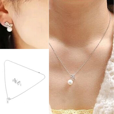 

Lady's Faux Pearl Animal Butterfly Stud Earring Pendant Necklace Chain Set