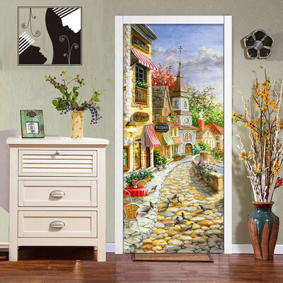 

Европейский городской масляной живописи Mural Wallpaper Гостиная Hotel Cafe Door Decor Обои ПВХ самоклеящаяся дверная наклейка 77cmx200cm