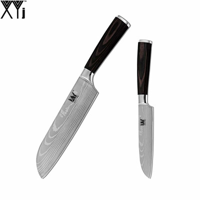 

XYj Brand Stainless Steel Cooking Knife 5 Inch 7 Inch Santoku Knife Color Wood Handle Veins Blade Best Kitchen Knife 2 Piece Set