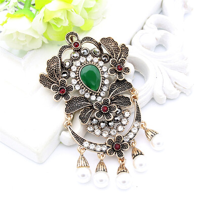 

Vintage Turkish Women Big Resin Simulated-Pearl Brooch Pin Flower Pendant Jewelry Antique Gold Color India Bride Ethnic Corsage