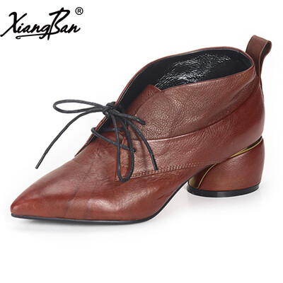 

Xiangban handmade fastion pointed toe women boots short lacing up work shoes genuine leather vintage style 50128