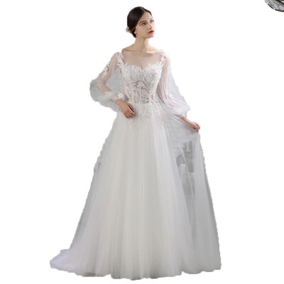 

Simple Light Hand Made Embroidery Juliet Sleeves V Neck A Line Wedding Dress