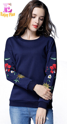 

XL XXL 3XL 4XL 5XL plus size casual new winter 2017 basic t shirt women long sleeve big size blue flower embroidery loose lady