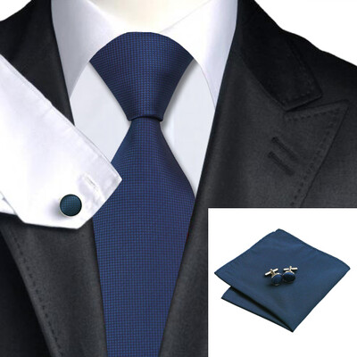 

N-0326 Vogue Men Silk Tie Set Blue Solid Necktie Handkerchief Cufflinks Set Ties For Men Formal Wedding Business wholesal