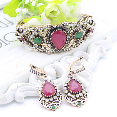 

Vintage Turkish Women Hollow Flower Water Drop Resin Bangle Long Hook Carve Earring Retro Bride Ethnic Jewelry Set Bracelet Cuff