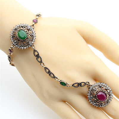 

Retro Turkish Adjustable Ring Bracelet Jewelry Sets Women Antique Gold Color Resin Flower Bracelet Arabia Dancer Bridal Jewelry