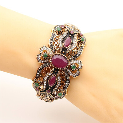 

Vintage Women Flower Bracelet Cuff Turkish Resin Bangle Jewelry Antique Gold Color Bride Bracelets Party Wedding Ethnic Bangles