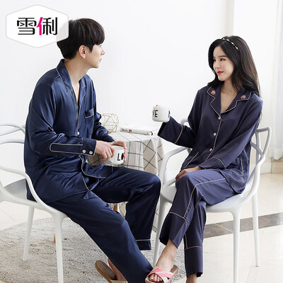 

Snowy spring long-sleeved couple pajamas luxury loose women South Korea silk home service thin section mens cardigan suit mens blue XXXL
