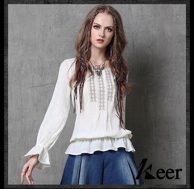 

L High Quality chest 97-101cm vintage cotton new autumn 2017 pink white long sleeve women blouse shirt with embroidery elegant
