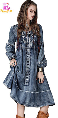 

M L High Quality chest 92-96cm vintage cotton autumn 2017 blue long jeans dress women long sleeve denim embroidery mid calf lady