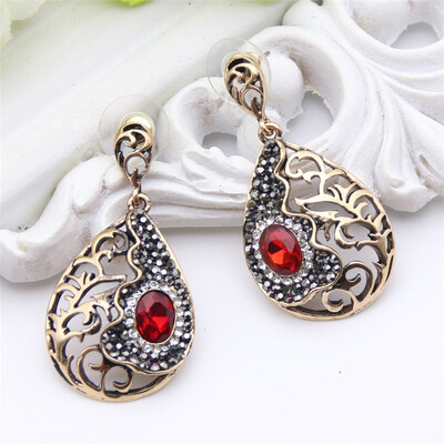 

Vintage Turkish Women Long Round Earring Hollow Flower Resin Jewelry Antique Gold Color Water Drop Ethnic India Bride Jewelry
