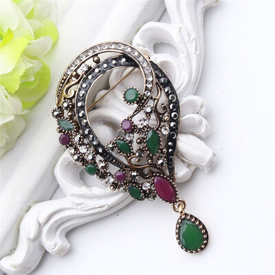 

Vintage Turkish Wreath Brooch For Women Arabesque Multicolor Resin Pins Jewelry Antique Gold Color Rhinestone Brooches Broches
