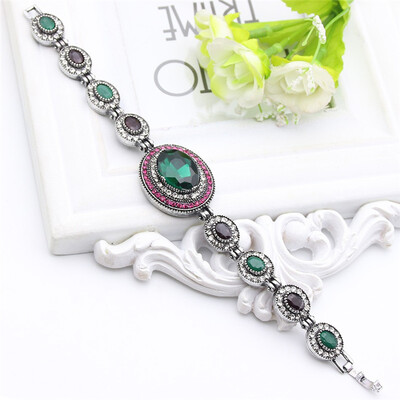 

Large Round Crystal Rhinestone Charm Bracelets For Women Vintage Jewelry Antique Silver Color Nigeria Gypsy Bride Pulseira Gift