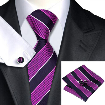 

N-0644 Vogue Men Silk Tie Set Purple Stripe Necktie Handkerchief Cufflinks Set Ties For Men Formal Wedding Business wholesale