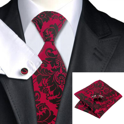

N-0757 Vogue Men Silk Tie Set Red Floral Necktie Handkerchief Cufflinks Set Ties For Men Formal Wedding Business wholesale