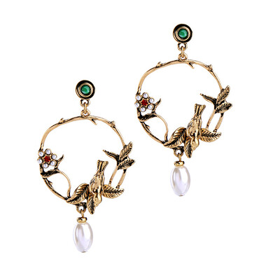 

Vintage Pearl Flowers Birdie Leaf Pendant Lady Earrings