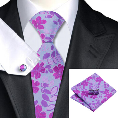 

N-1100 Vogue Men Silk Tie Set Purple Floral Necktie Handkerchief Cufflinks Set Ties For Men Formal Wedding Business wholesale