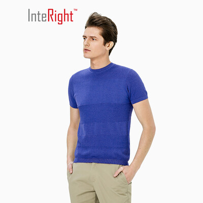 

INTERIGHT Round Collar Dark Jacquard Mens Business T-Shirt Navy Blue M