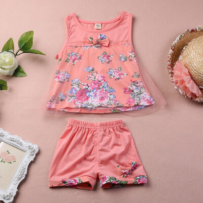 

CANISSummer Pretty Baby Girls Kids Suits Floar Sleevess Tulle Bow Tops Short Pants Clothing Set Sz1-5Y