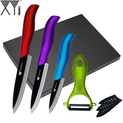 

XYJ Colorful Handle Kitchen Ceramic Knives 3 inch 4 inch 5 inch + Peeler + Black Hard Paper Gift Box 5pcs Kitchen Accessories